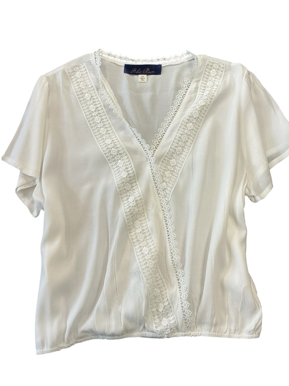 White Lace-Trim V-Neck Sheer Crossover Short Sleeve Blouse Sz.XL EPOC
